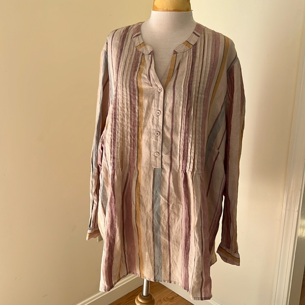 NWOT! Coldwater Creek 3X tan multi  striped linen blouse.